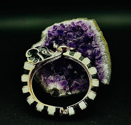 Gothic Gold Elephant Cuff | Black & White Design with Gold Accents | Unisex Bangle Bracelet