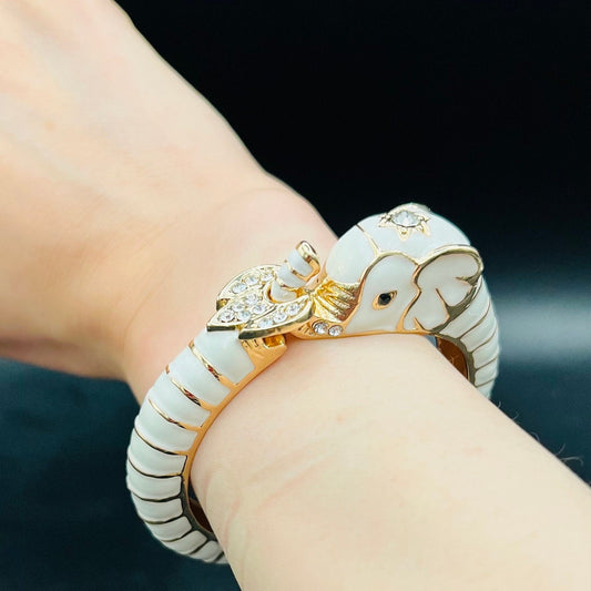 Gothic White-Gold Elephant Cuff Bracelet | Unisex Bangle with Crystals | Distinctive Boho Statement Jewelry