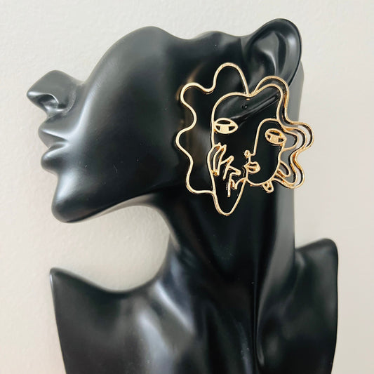 Gold-Toned Woman Portrait Dangle Earrings | Elegant Female Silhouette Jewelry