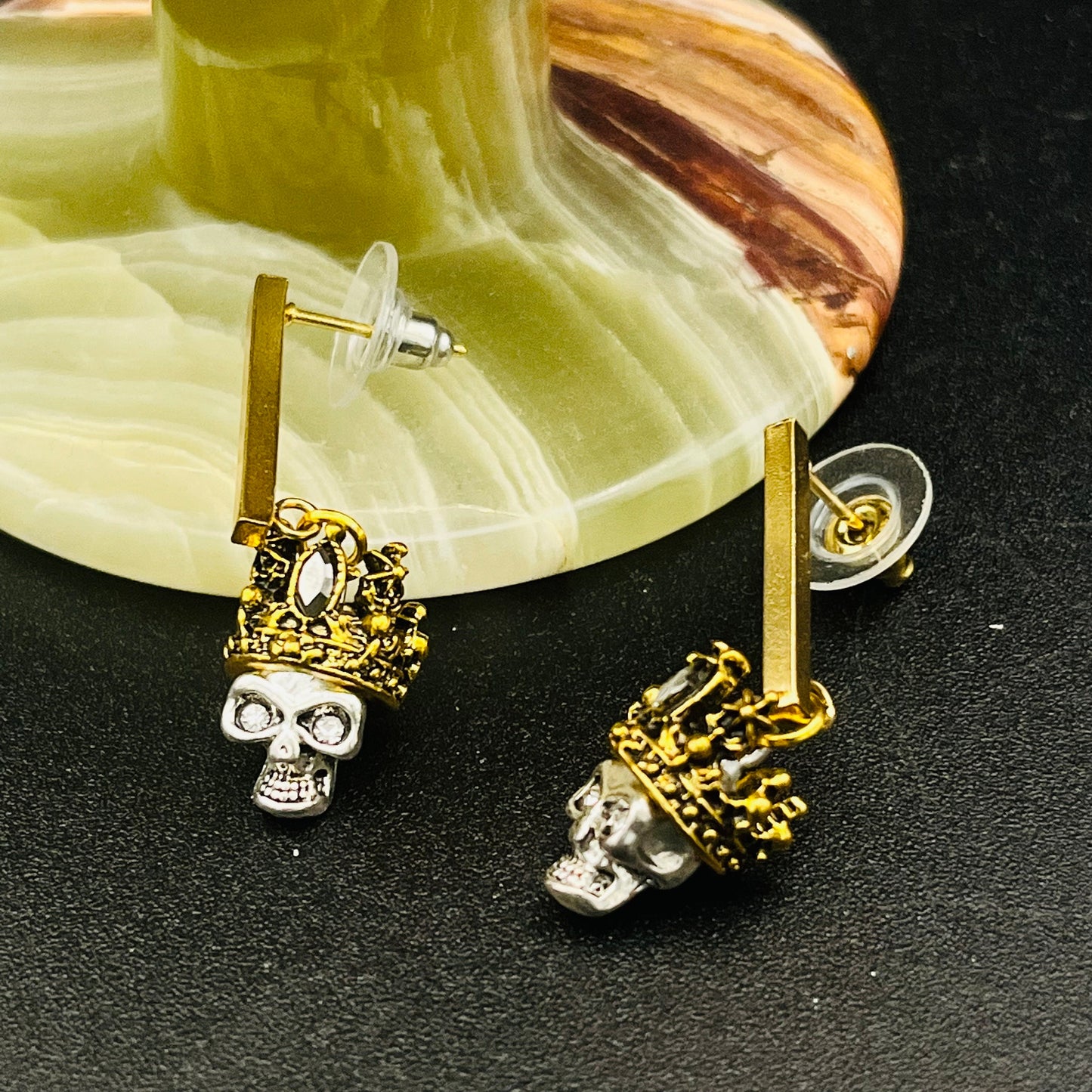 Gold-Toned Crown and Gothic Skull Dangle Earrings