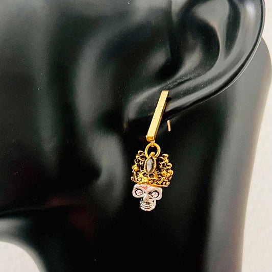 Gold-Toned Crown and Gothic Skull Dangle Earrings