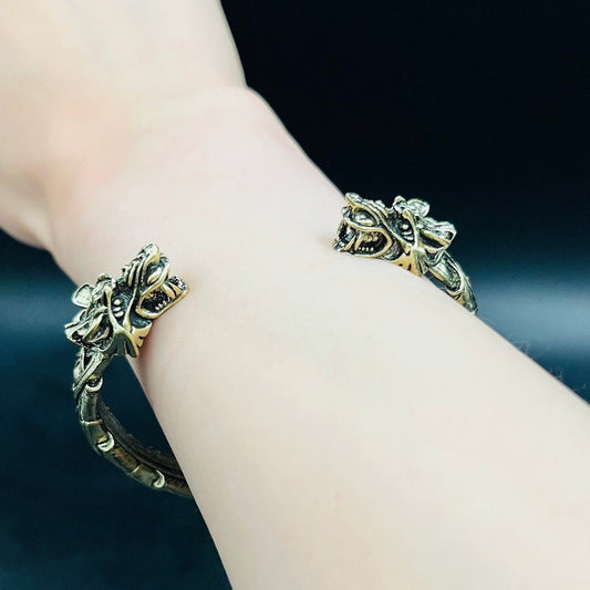 Antique Gold Dragon Cuff Bracelet with Dual Heads | Gold Victorian Cuff Bracelet | Gothic Vintage Bracelet
