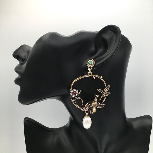 Victorian Gold Antique Baroque Bird Pearl Earrings - Bohemian Retro Statement Jewelry