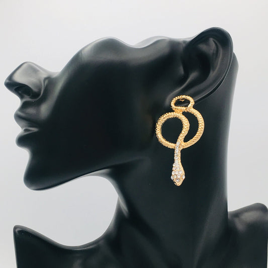 Gothic Gold Snake Drop Earrings | Victorian-Style Serpent Statement Jewelry with Imitation Diamonds