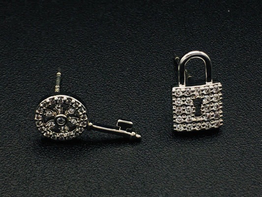 Asymmetric Lock and Key Stud Earrings with Sparkling Diamonds | Unique Statement Jewelry