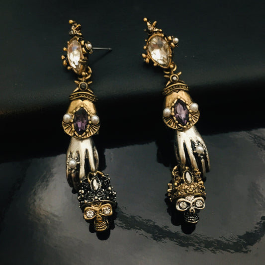 Gothic King Skull Earrings | Victorian Antique Statement Jewelry | Hand of the King Skull Design