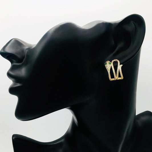 Victorian Golden Snake Stud Earrings | Gothic Aesthetic Serpent Hoops with Emerald Green Crystal Eyes