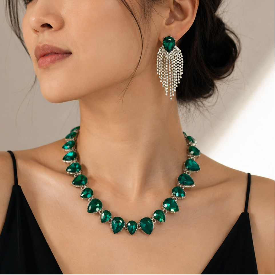 A woman wearing a matching green gemstone necklace and drop earring with silver rhinestone fringe, shown in a close-up portrait against a soft neutral background.