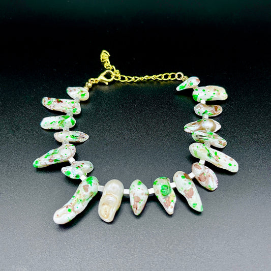 Speckled Shell & Freshwater Pearl Bracelet - Coastal Boho Statement Jewelry