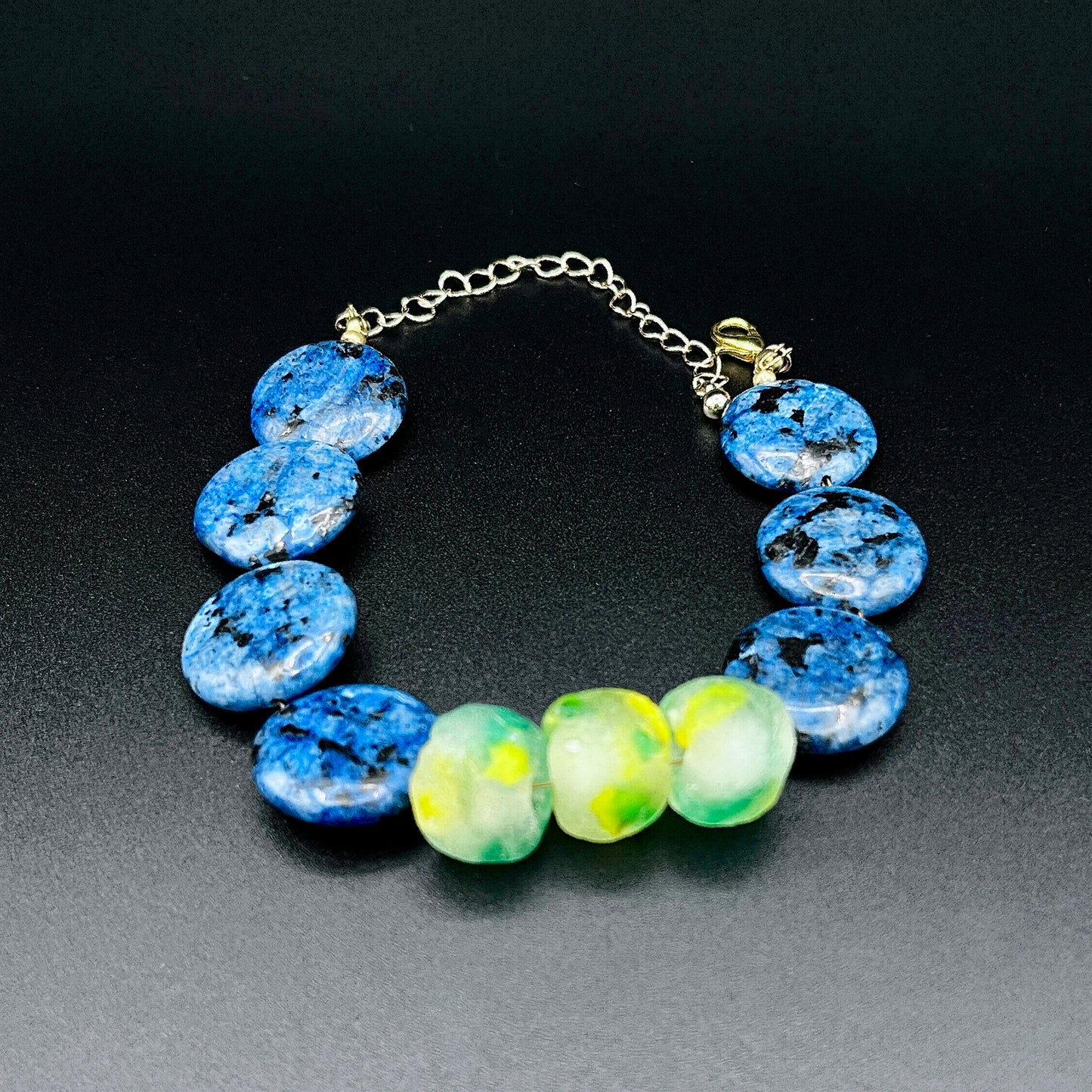 Blue Jasper & Frosted African Green Bead Bracelet – Handmade Statement Gemstone Jewelry