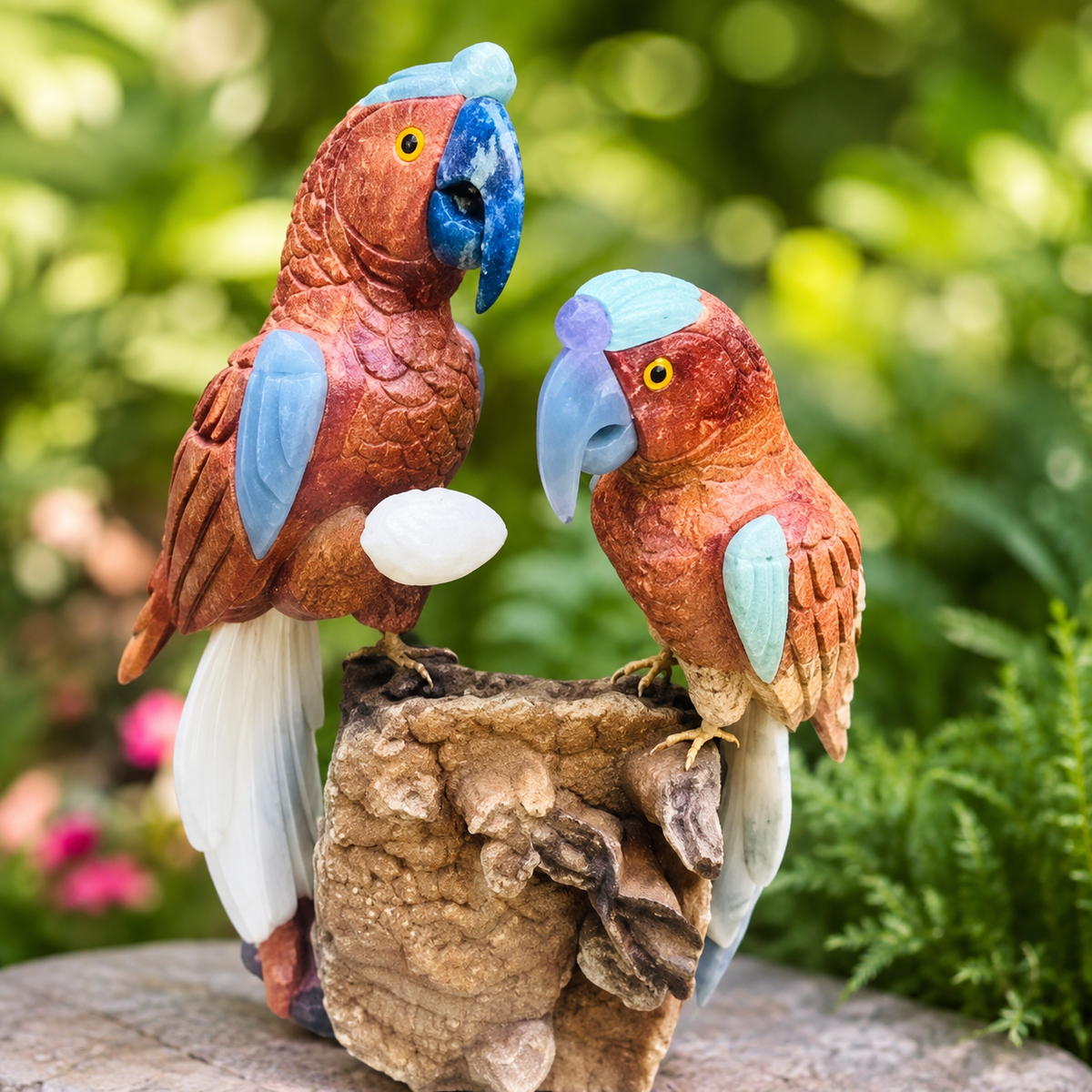 Handcrafted Gemstone Parrot Pair Sculpture – Natural Stone Tropical Bird Home Decor