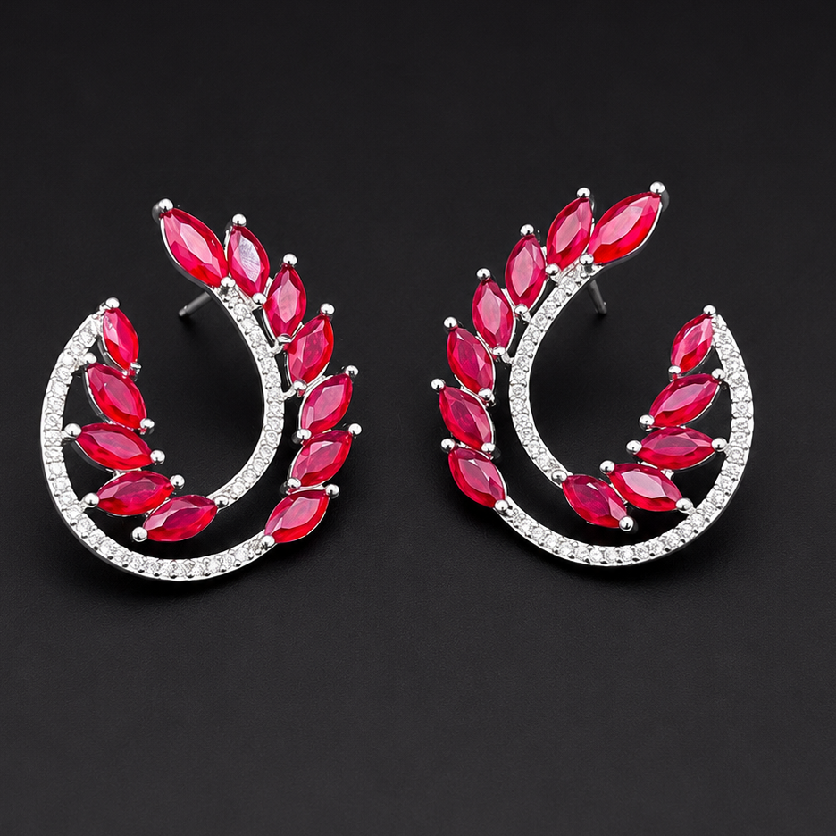 Deep Red Crystal Leaf Stud Earrings