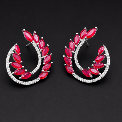 Deep Red Crystal Leaf Stud Earrings