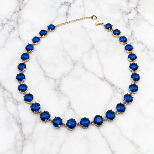 Sapphire Blue Crystal Tennis Necklace - Gold-Tone Statement Choker