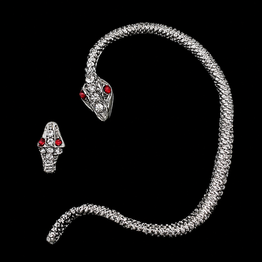 Asymmetrical Silver Snake Ear Wrap and Serpent Stud - Ruby-Eyed Gothic Jewelry