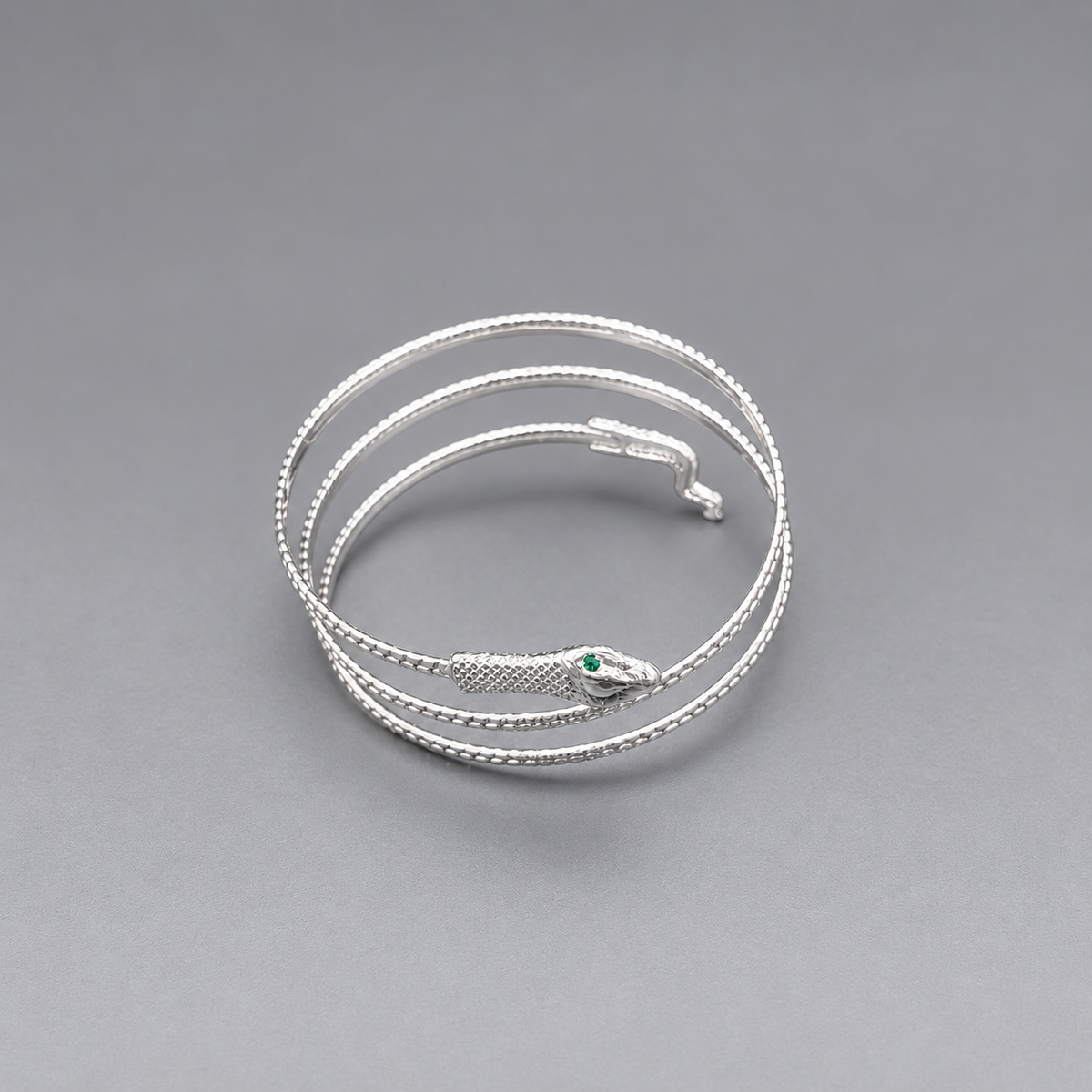 Silver Snake Arm & Wrist Bracelet with Emerald Eyes – Statement Serpent Jewelry