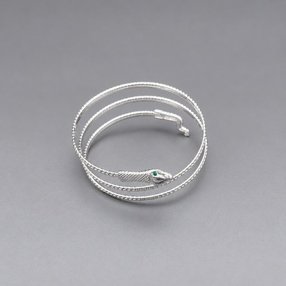 Silver Snake Arm & Wrist Bracelet with Emerald Eyes – Statement Serpent Jewelry