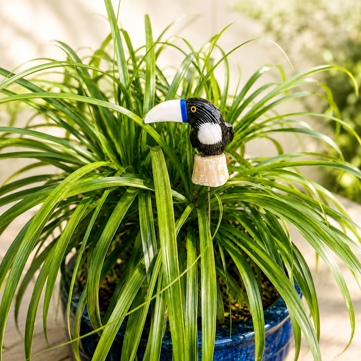 Hand-Carved Gemstone Toucan Garden Stake – Natural Stone Tropical Bird Garden Decor