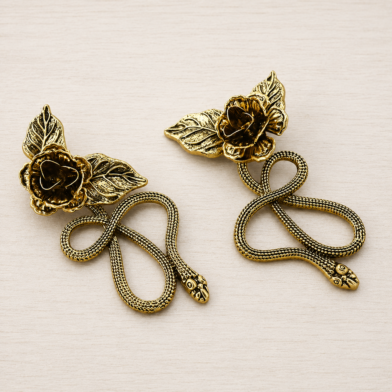 Victorian Gothic Gold Rose & Snake Dangle Earrings