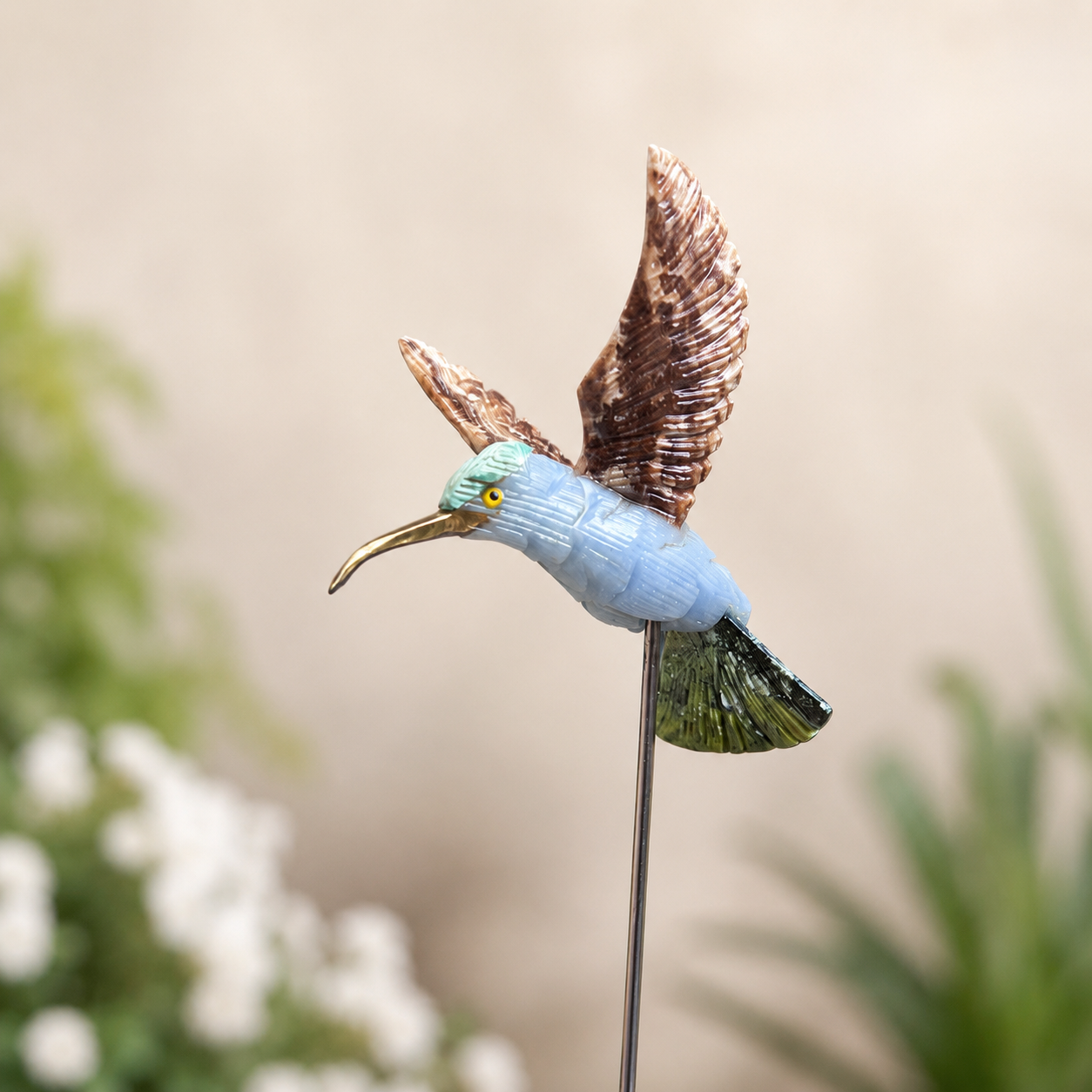 Gemstone Hummingbird Garden Stake – Natural Stone Bird & Planter Decor