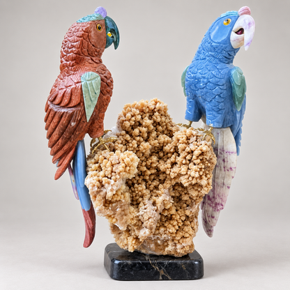 Hand-Carved Gemstone Parrot Pair Sculpture on Calcite Cluster – Tropical Bird Home Decor