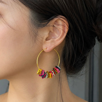 14K Gold Plated Boho Hoop Earrings with Colorful Sea Shell Charms, Bohemian Style Lightweight Beach Jewelry