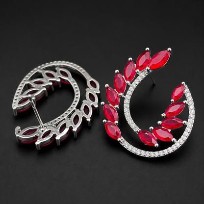 Deep Red Crystal Leaf Stud Earrings