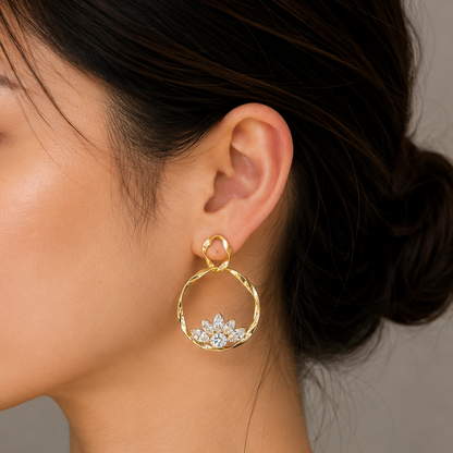 Gold Crystal Floral Hoop Earrings | Sparkling CZ Flower Bridal Statement Jewelry