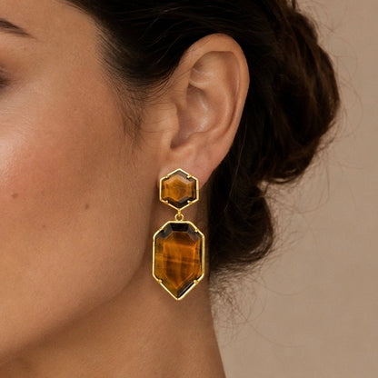 Natural Tiger’s Eye Geometric Dangle Earrings