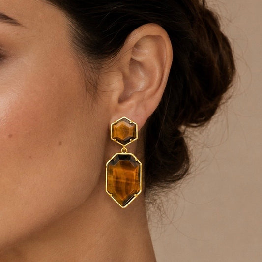 Natural Tiger’s Eye Geometric Dangle Earrings