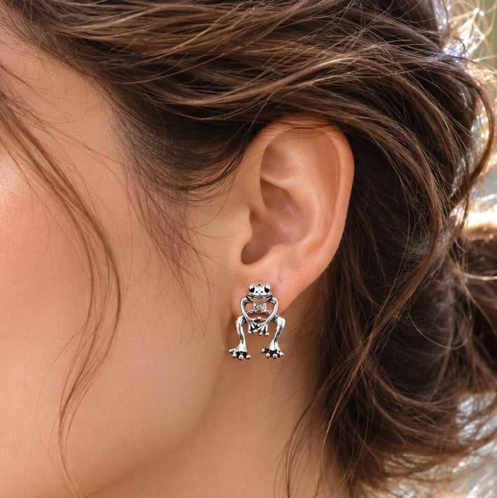 Silver-Tone Frog Stud Earrings | Whimsical Toad Jewelry