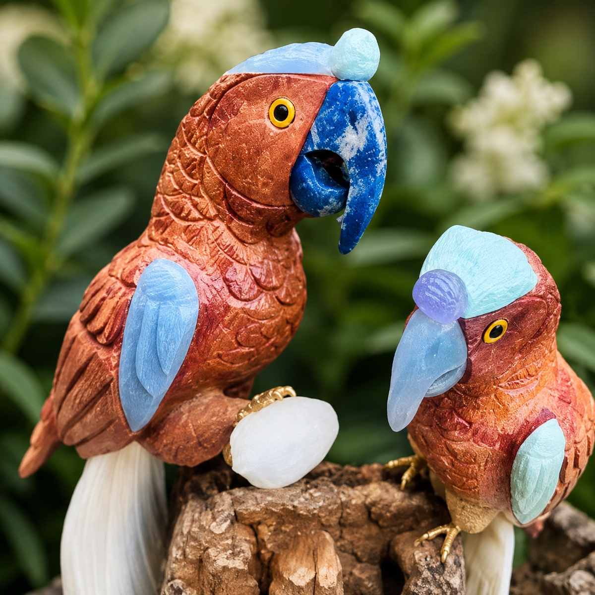 Handcrafted Gemstone Parrot Pair Sculpture – Natural Stone Tropical Bird Home Decor