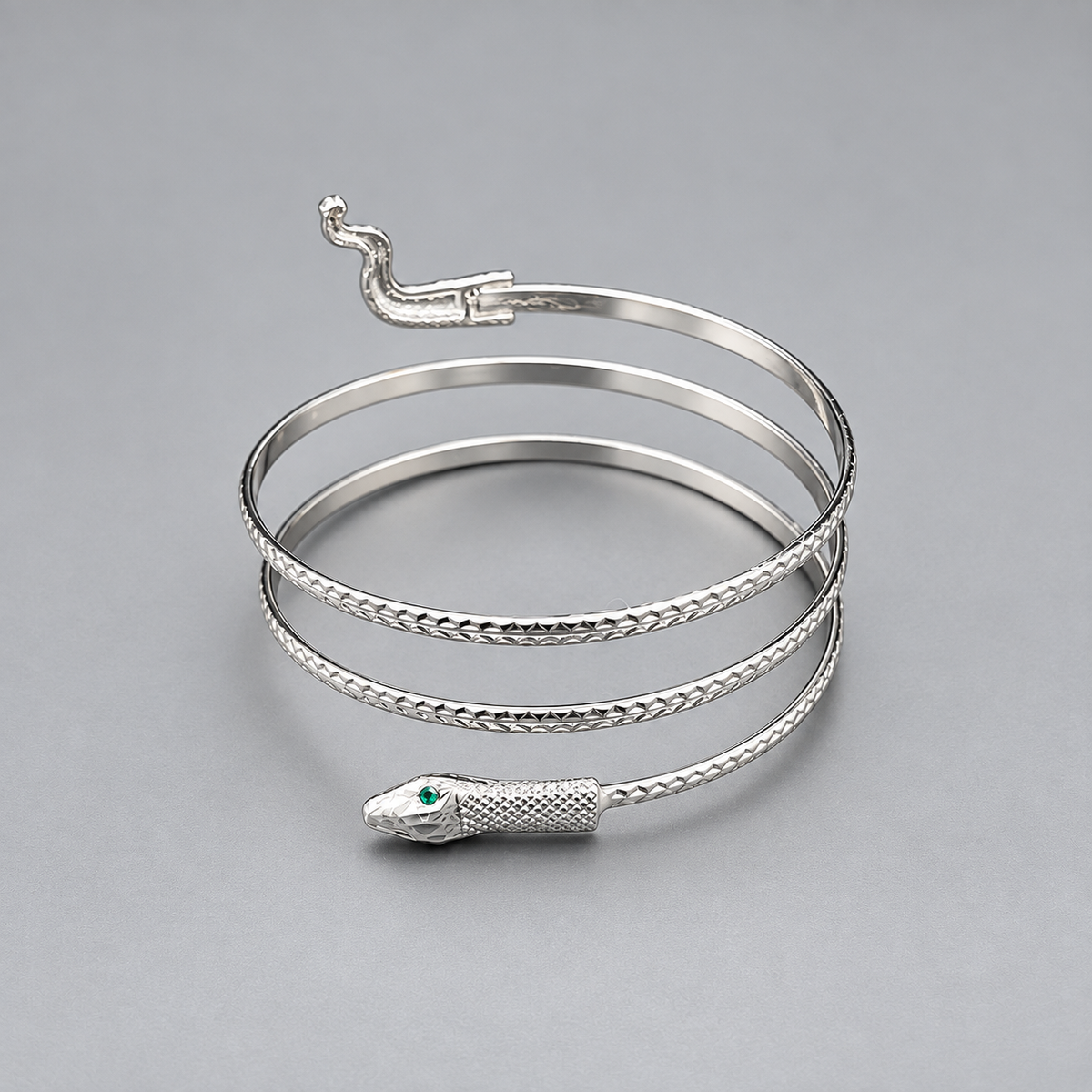 Silver Snake Arm & Wrist Bracelet with Emerald Eyes – Statement Serpent Jewelry