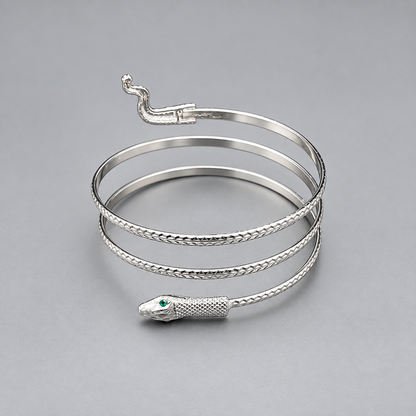 Silver Snake Arm & Wrist Bracelet with Emerald Eyes – Statement Serpent Jewelry