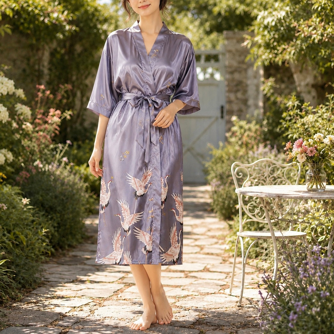 Silver Gray Long Kimono Robe with Cranes & Blossoms