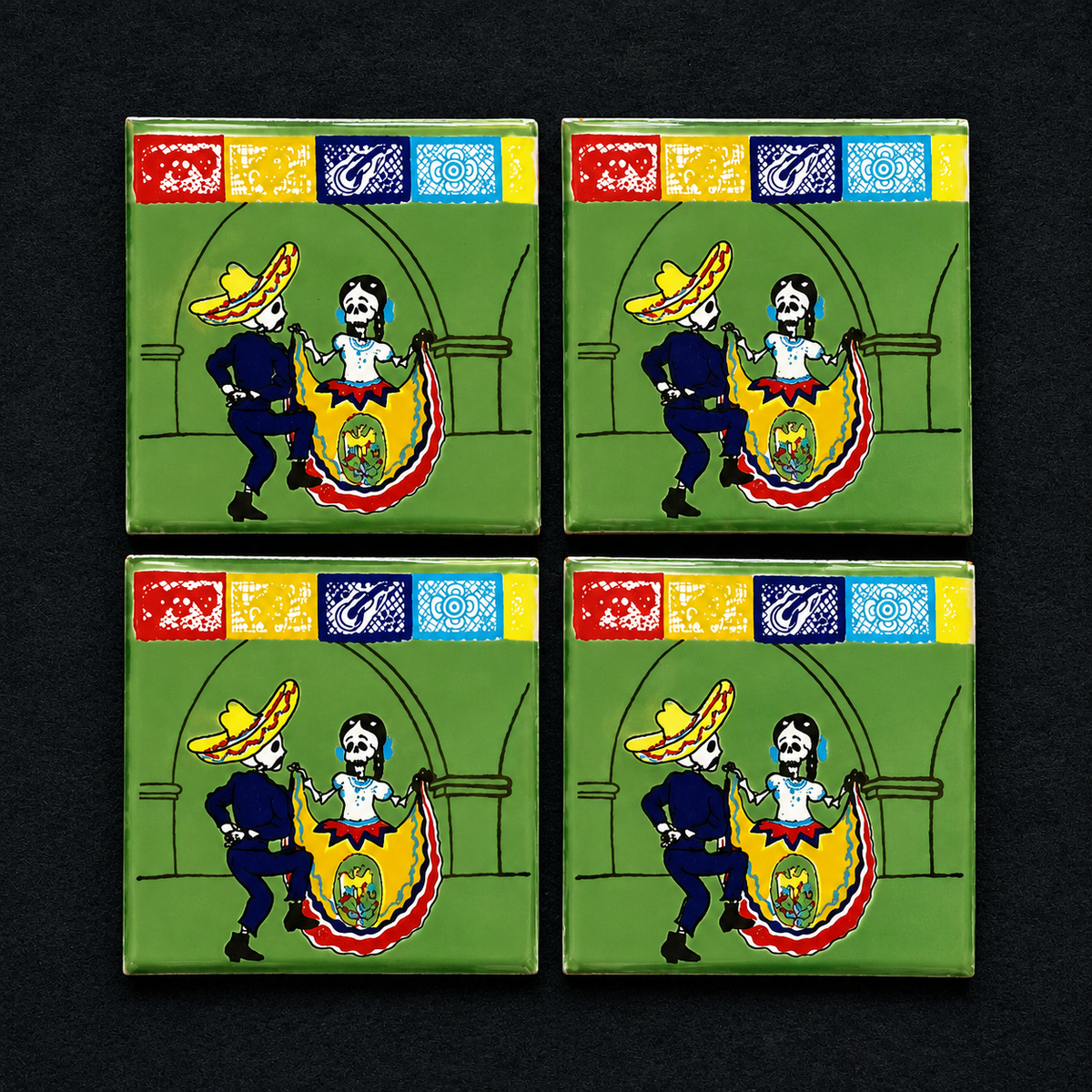 Mexican Talavera Skeleton Dance Tile Coasters – Set of 4 Día de los Muertos Coasters