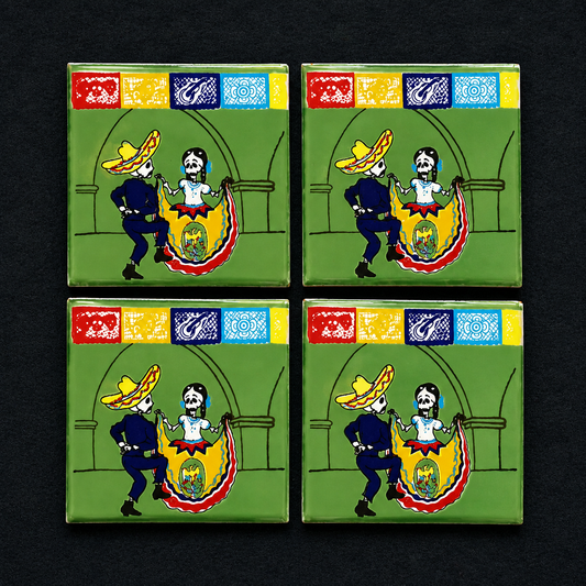 Mexican Talavera Skeleton Dance Tile Coasters – Set of 4 Día de los Muertos Coasters