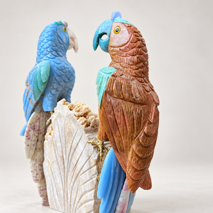 Hand-Carved Gemstone Parrot Pair Sculpture on Calcite Cluster – Tropical Bird Home Decor