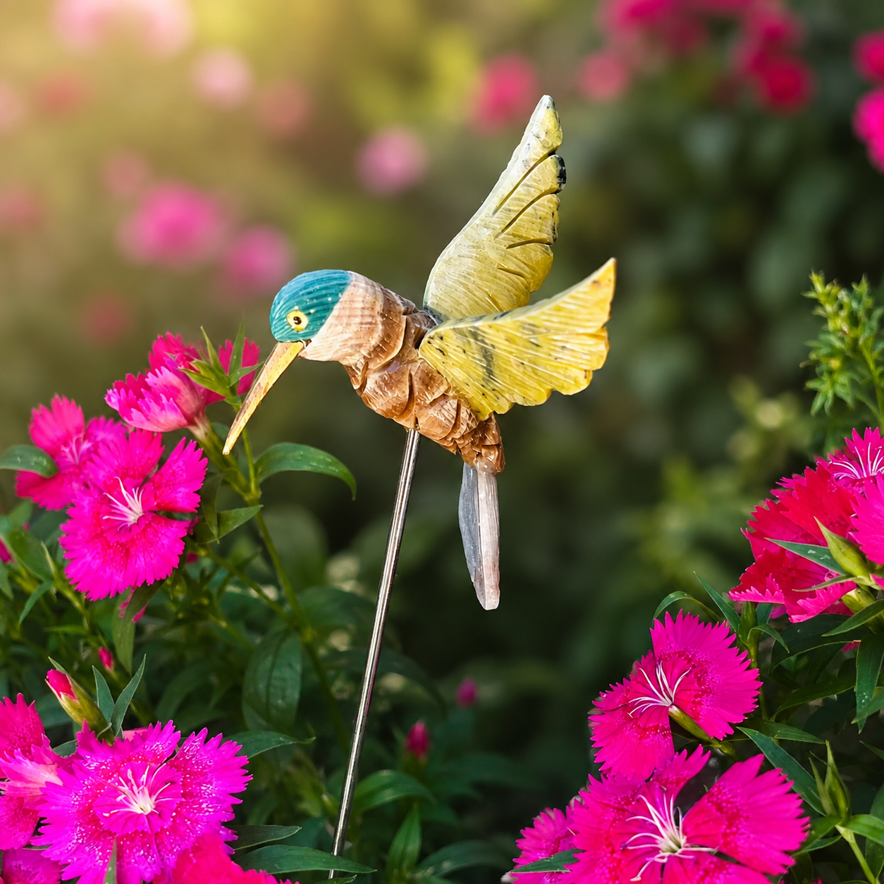 Natural Gemstone Hummingbird Stick Garden Décor Art