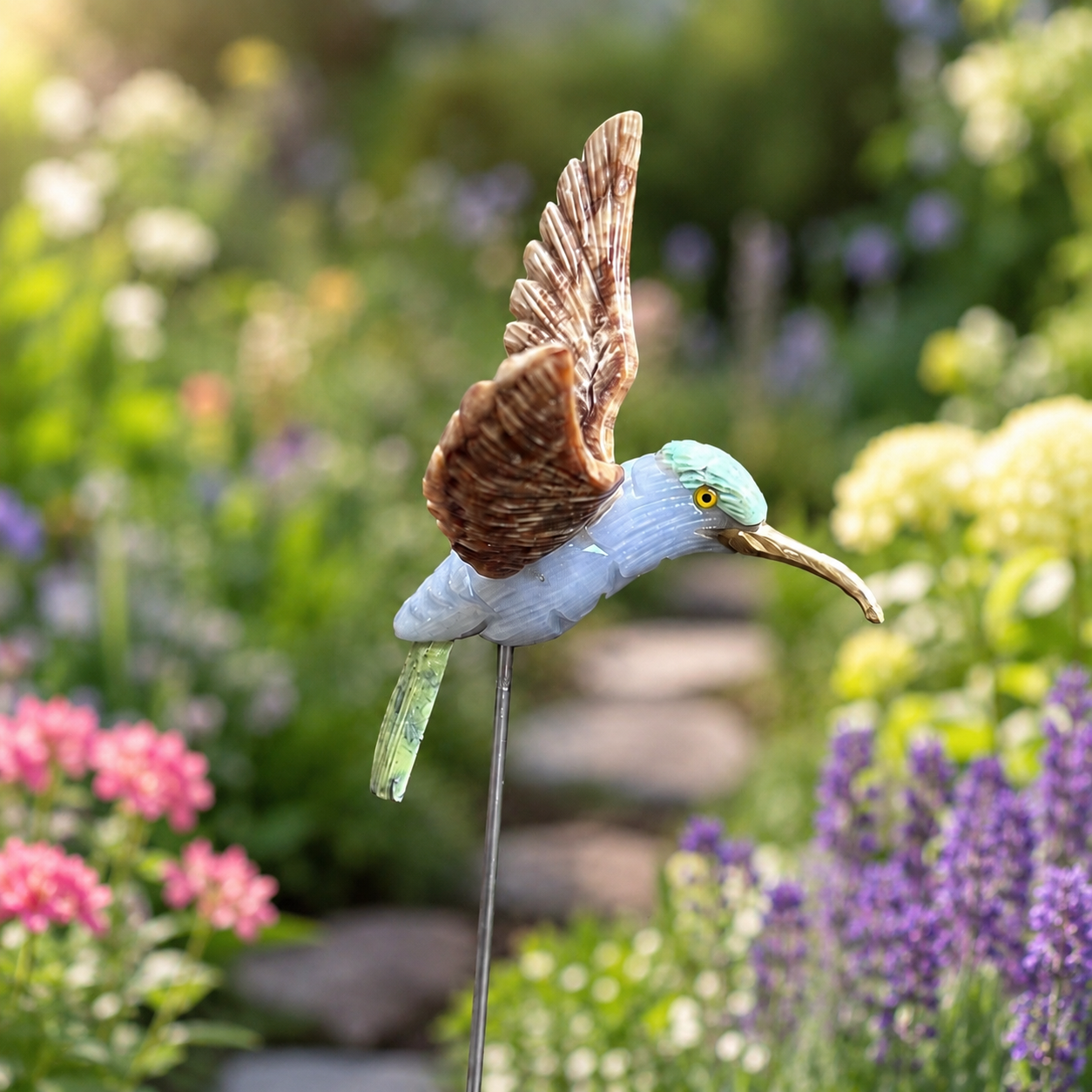 Gemstone Hummingbird Garden Stake – Natural Stone Bird & Planter Decor