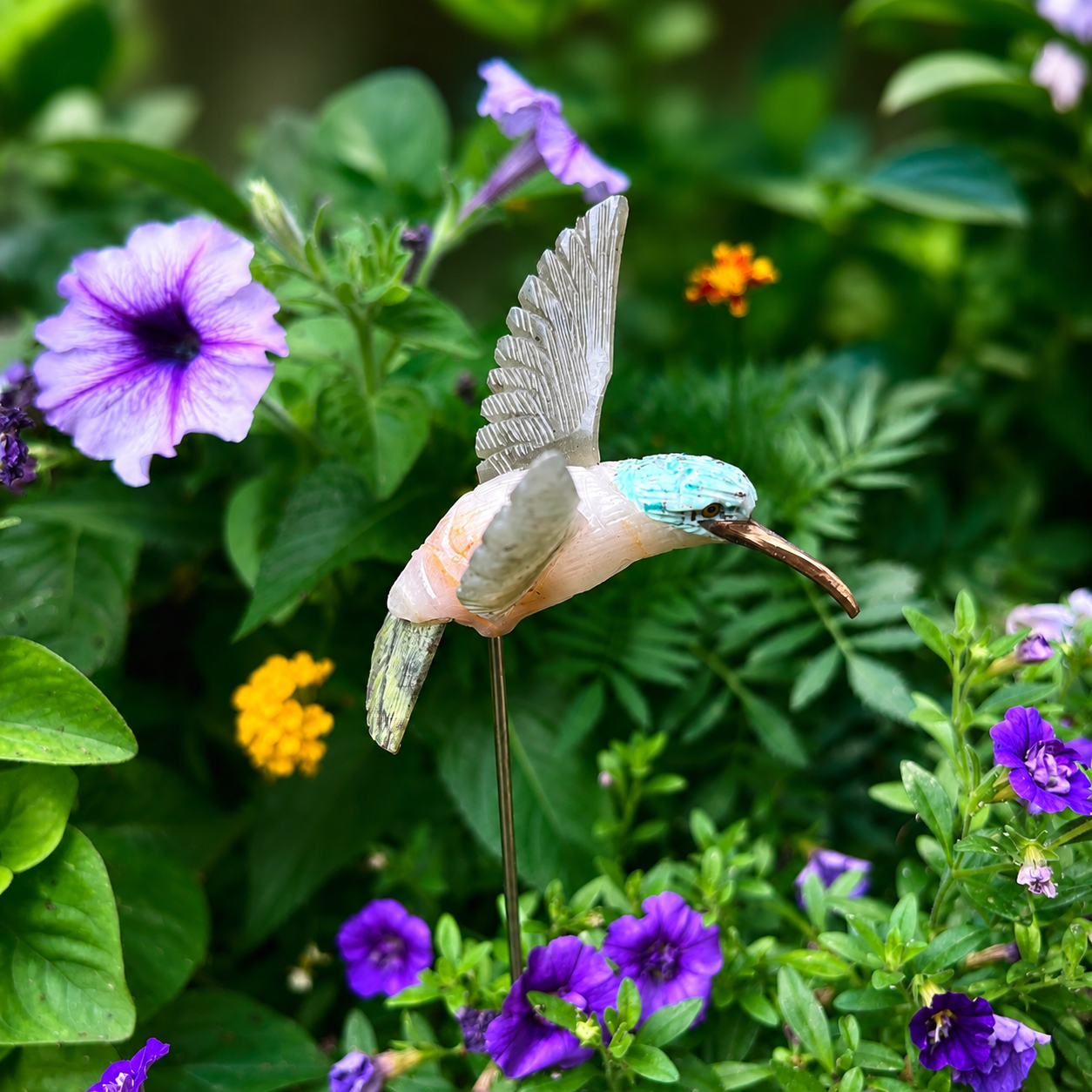 Hand-Carved Gemstone Hummingbird Garden Stake – Natural Stone Bird Garden Decor