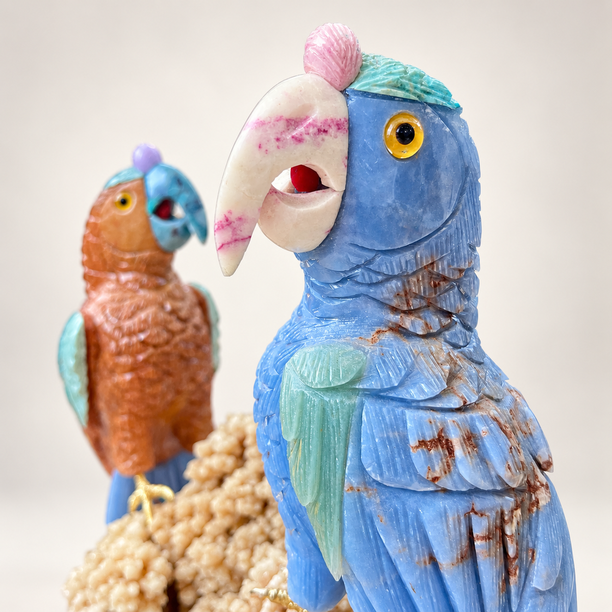 Hand-Carved Gemstone Parrot Pair Sculpture on Calcite Cluster – Tropical Bird Home Decor