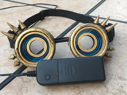 Glowing Gold Spikey Steampunk Goggles - Light Up Cyberpunk X-Ray Goggles | Cosplay Goggles |EDM Rave Burning Man Goggle | EL Wire Goggle