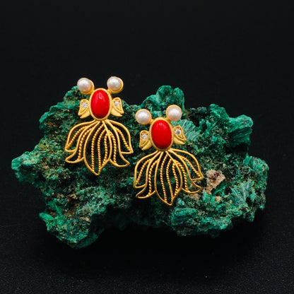 Goldfish Koi Earrings | Victorian-Style with Red Coral & Pearls | Boho Chic Jewelry