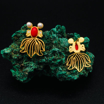 Goldfish Koi Earrings | Victorian-Style with Red Coral & Pearls | Boho Chic Jewelry