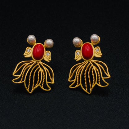 Goldfish Koi Earrings | Victorian-Style with Red Coral & Pearls | Boho Chic Jewelry