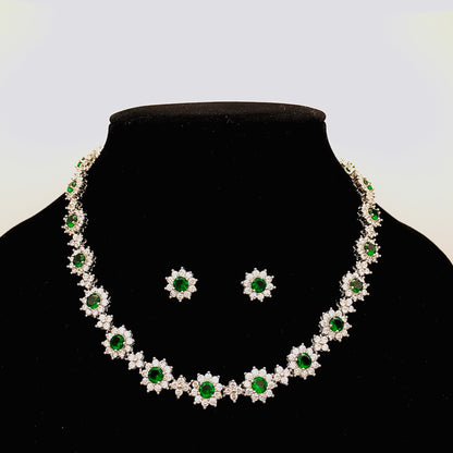 Emerald Flower Necklace with Match Stud Earrings Set