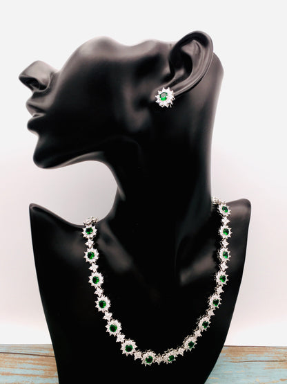 Emerald Flower Necklace with Match Stud Earrings Set