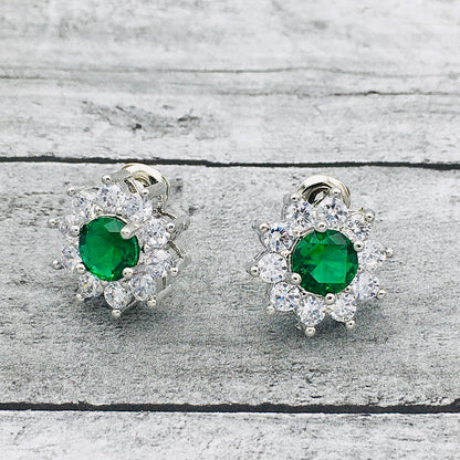 Emerald Flower Necklace with Match Stud Earrings Set