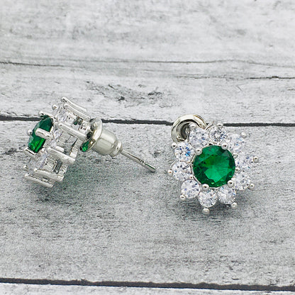 Emerald Flower Necklace with Match Stud Earrings Set